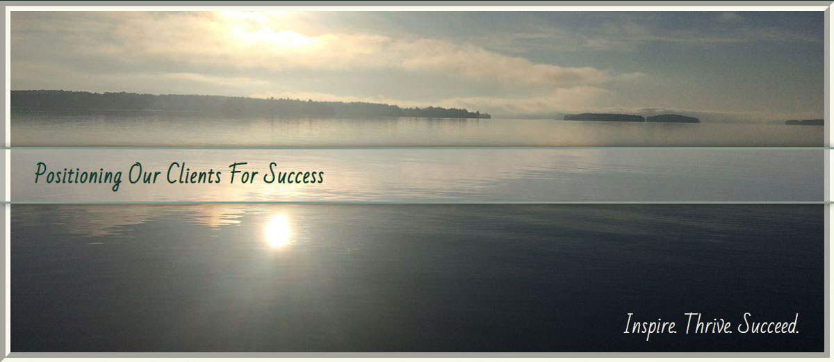 Positioning our clients for success text over lake sunset.